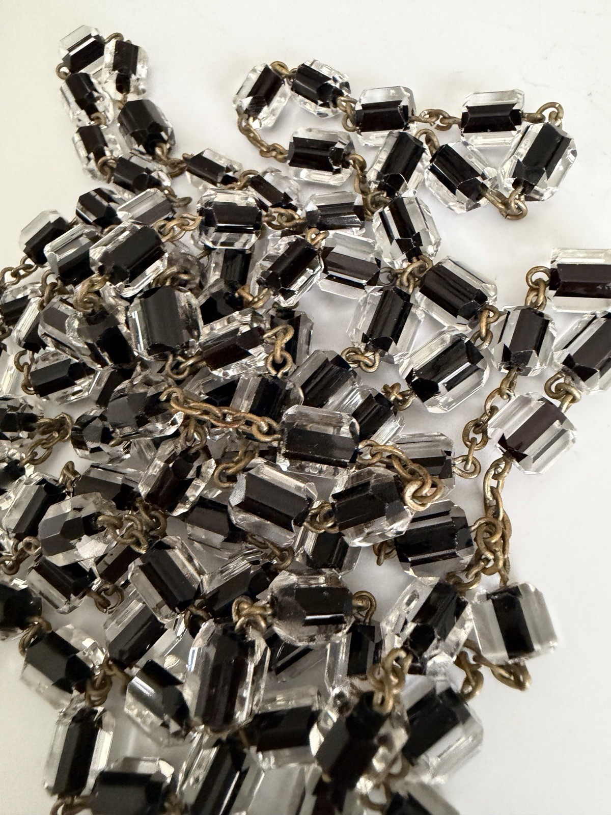 Antique Czech Jet Black & Clear Geometric Glass Bead 60″ + Extra Long Necklace