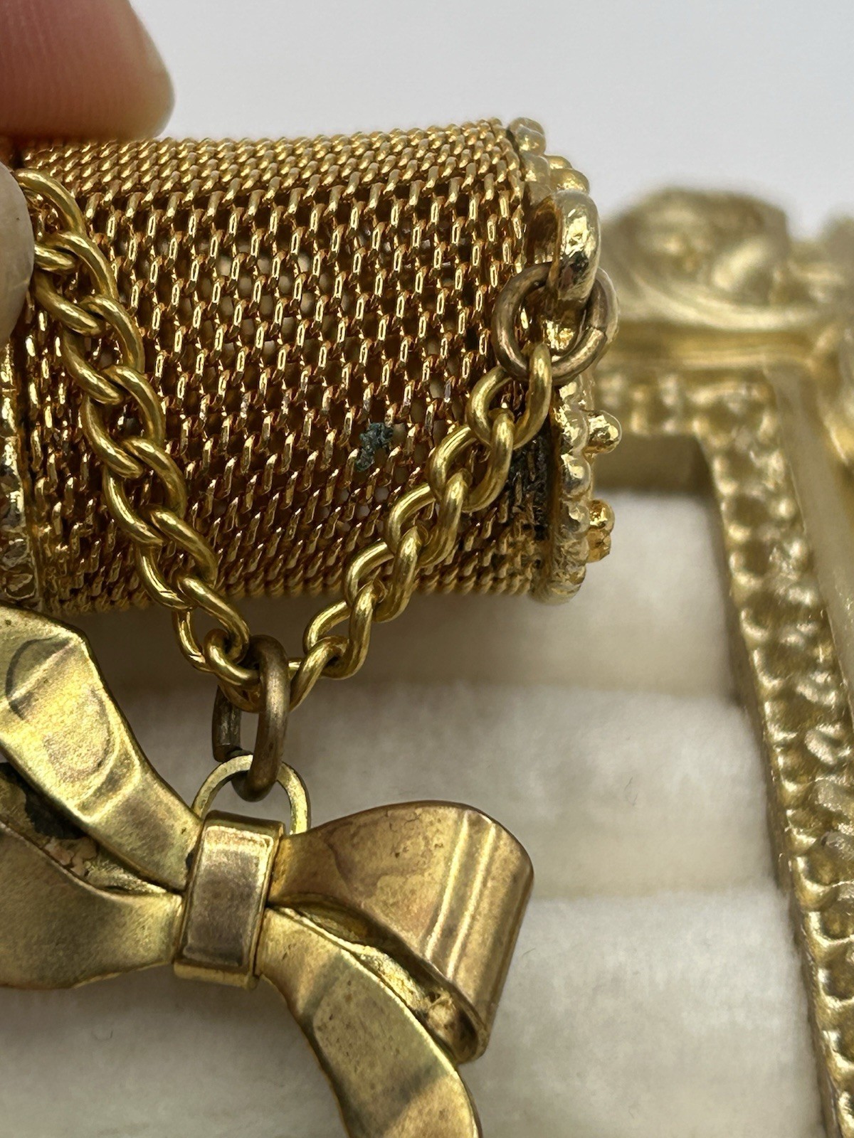 Vintage Gold Mesh Mini Coin Purse Brooch Bow Blue Charm Cottagecore Romantic Fun
