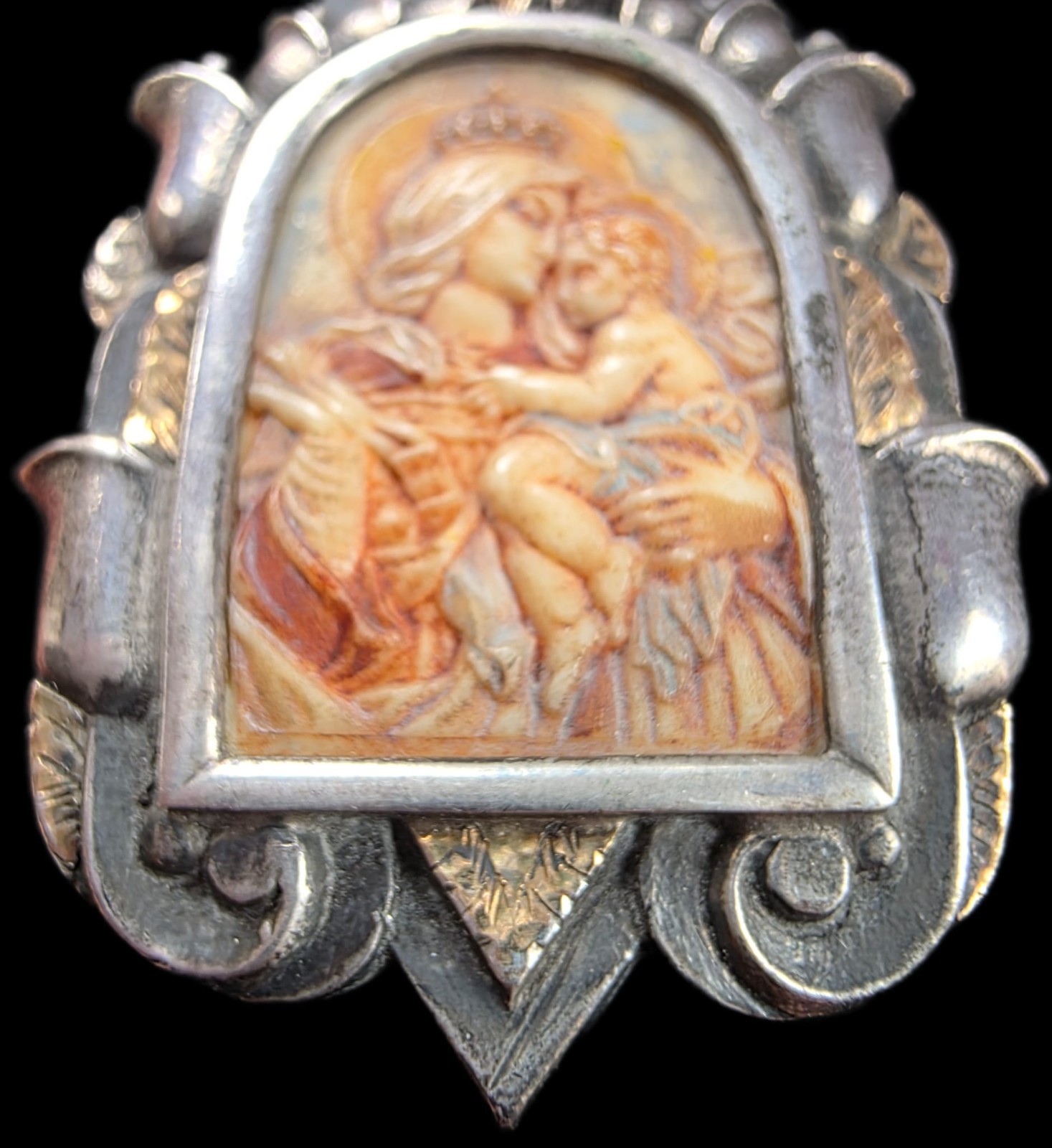 Fine Antique Art Nouveau Silver Gold Madonna Virgin Mary and Jesus Pendant C1900