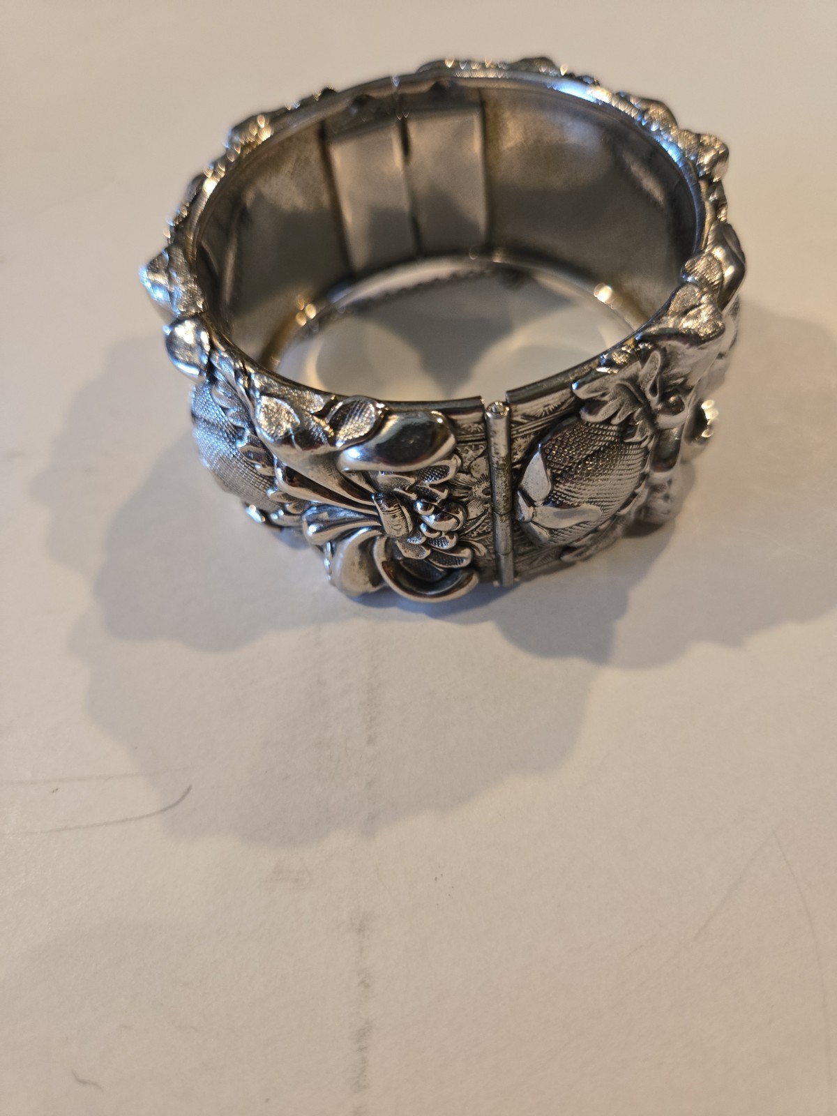 Vintage Bracelet Whiting and Davis Cuff Floral Motif Repousse Clamper Hinge