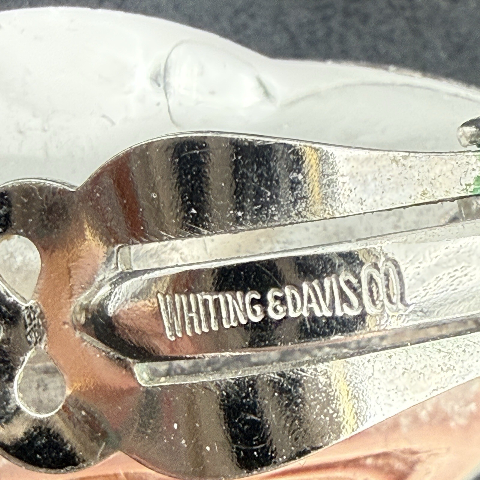 Vintage Whiting & Davis Silver Tone Leaf Clip On Earrings Blue Navette Crystal