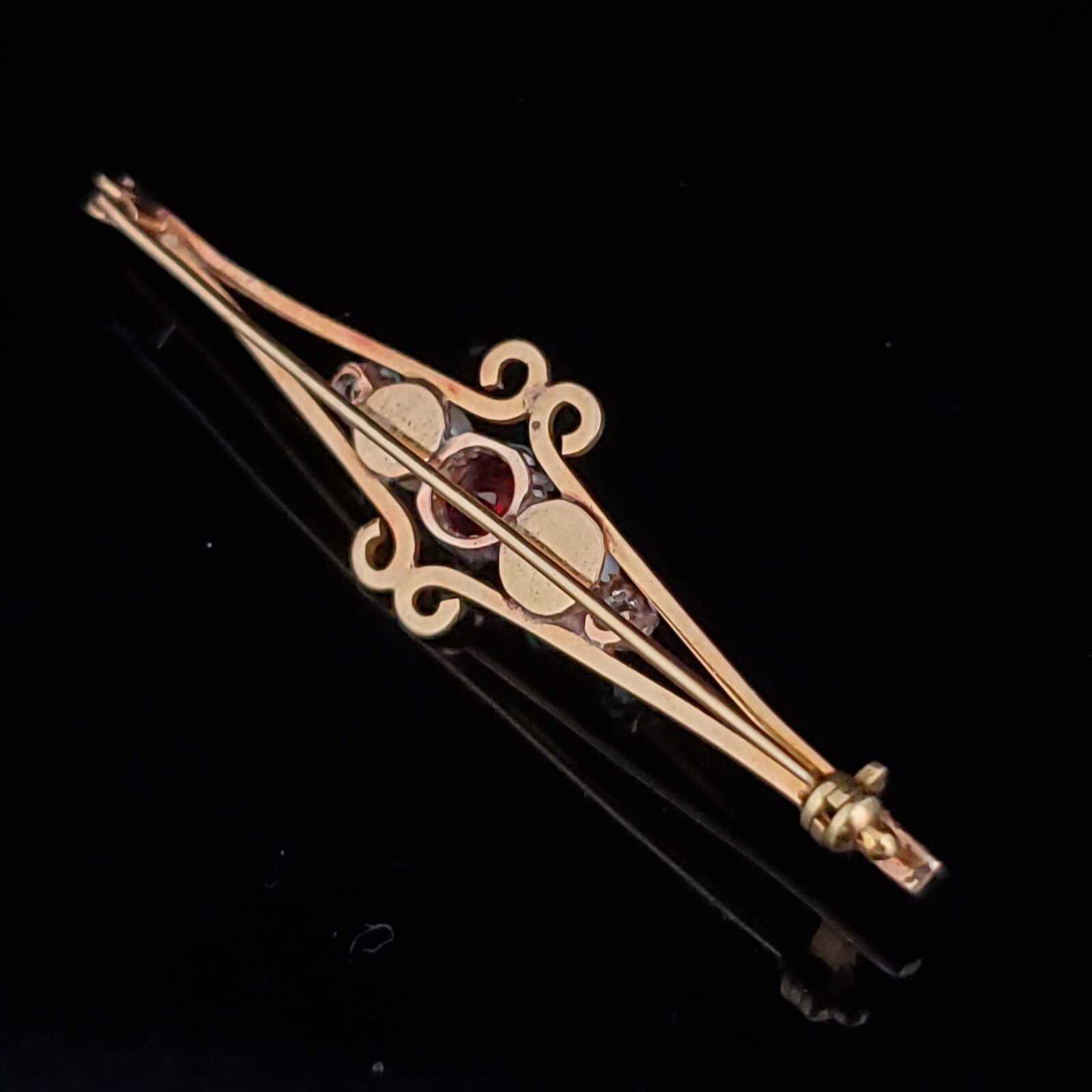 Antique Garnet Old European Cut Diamonds Pearls 14k Yellow Gold Brooch Pin 4.9g