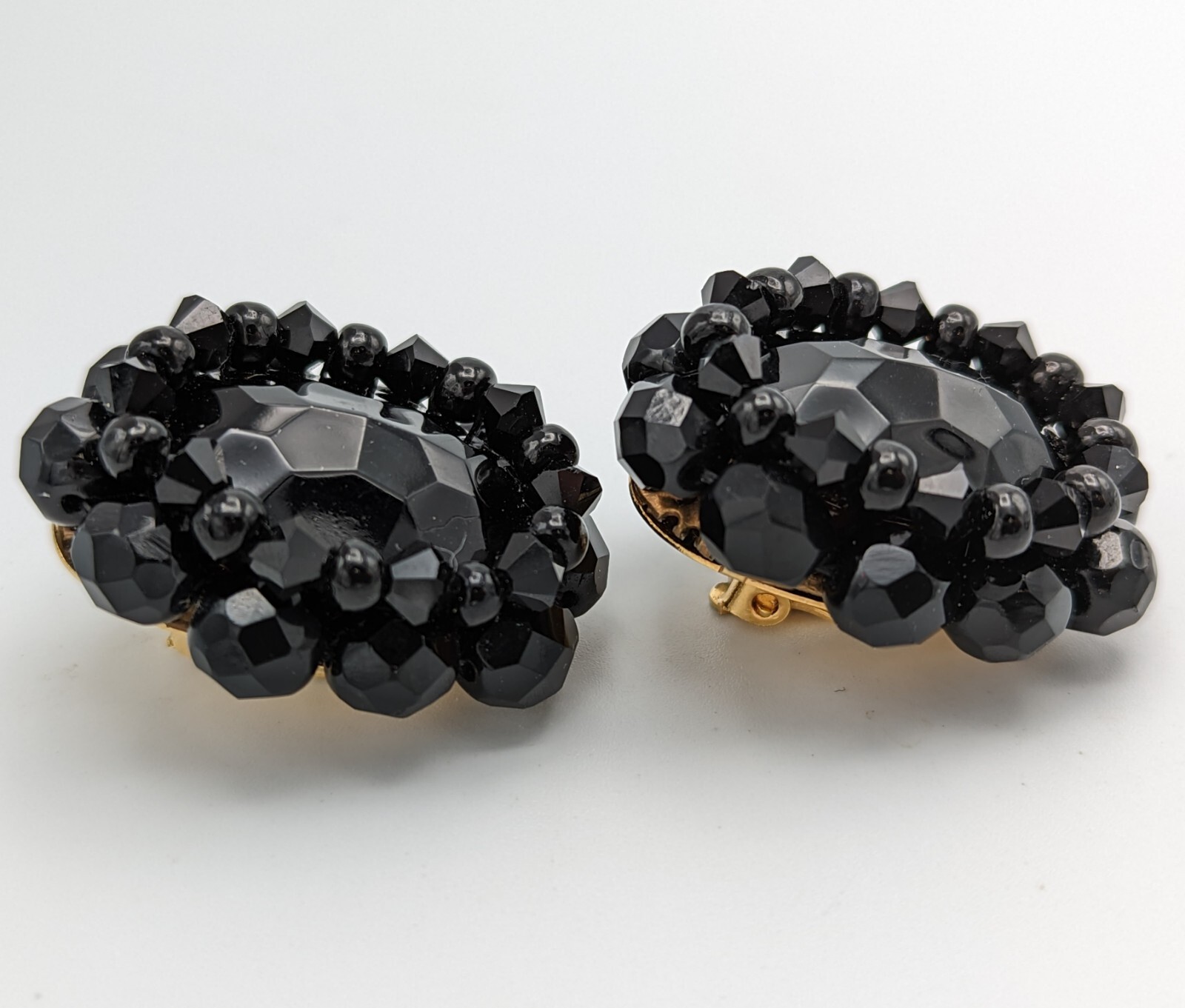 Fazio Black Glass Rhinestone Bead Clip On Earrings 1990s Oval Gold Plated
