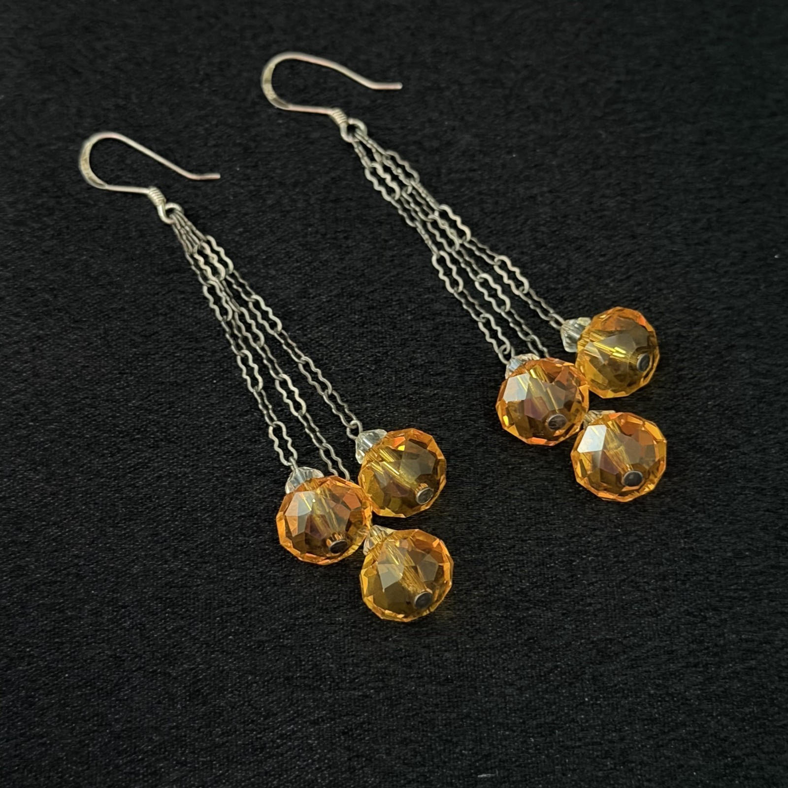 Vintage 925 Sterling Silver Antique Orange Crystal Chandelier Dangle Earrings