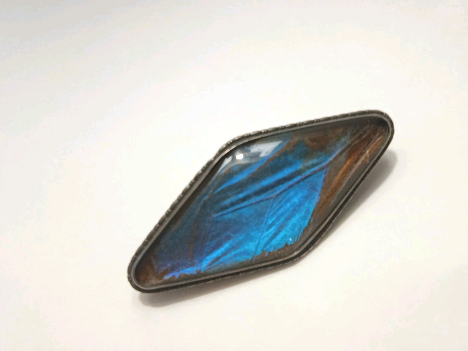 Antique Sterling Silver Brooch Signed “England” Bl. Butterfly wing in glass 2″