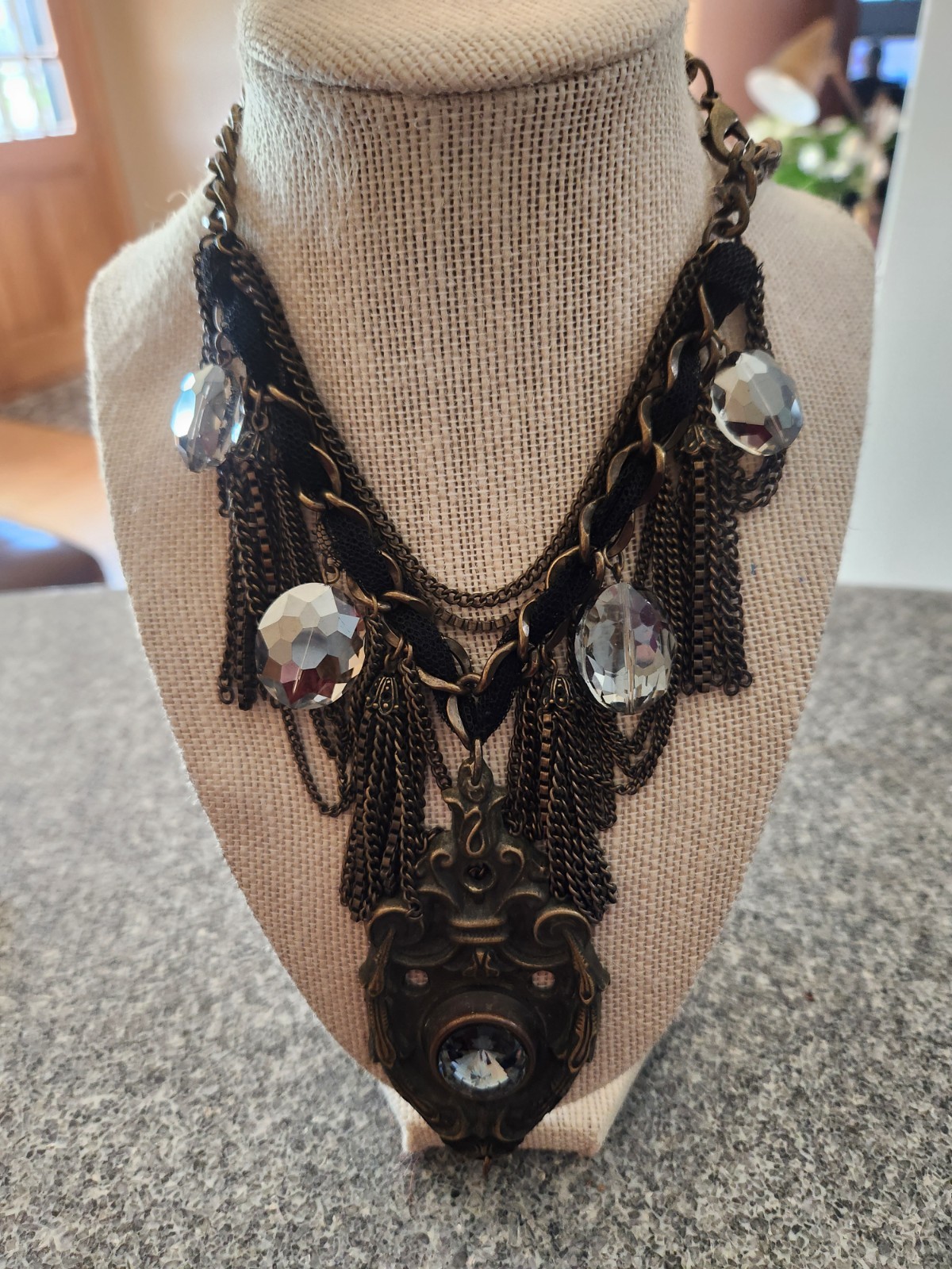 WOW Black & Gunmetal Vintage y2k Goth Statement Necklace Crystal modern*EUC!!