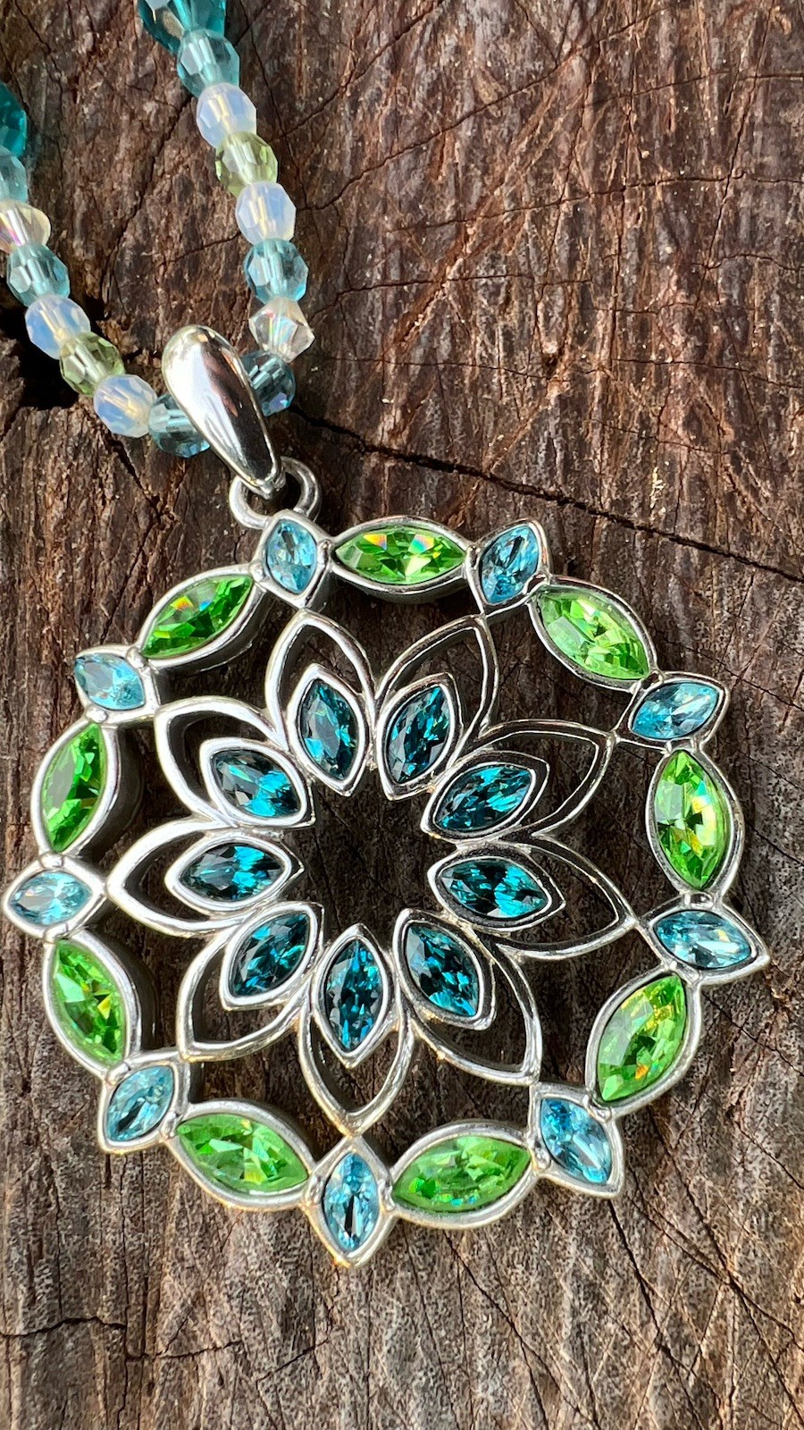 Swarovski Crystal Mandala Medallion Statement Necklace Blue Green Teal Swan VTG
