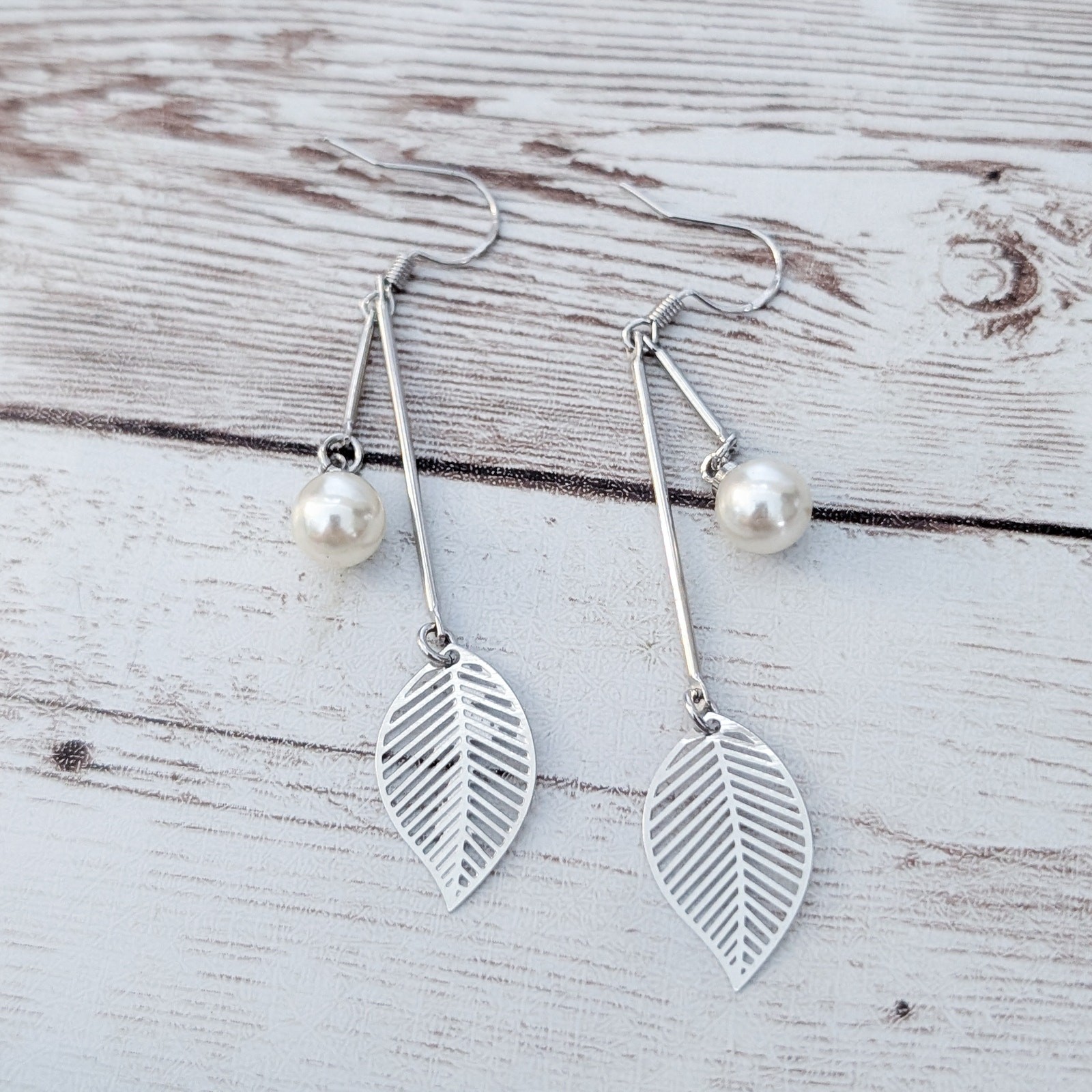 Vintage Dangle Earrings Faux Pearl & Leaf Long Dangle for Pierced Ears 925 Hooks