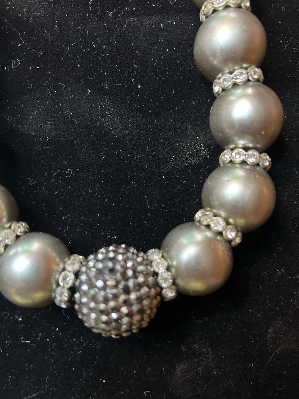 Gray Pearl And Rhinestone Necklace Vintage 22” J-3