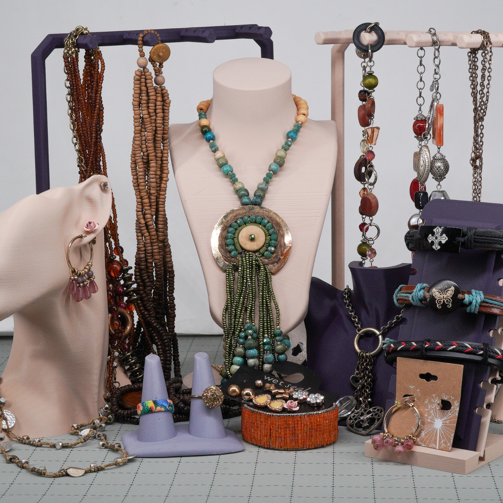 Boho Revival Jewelry bohemian Mix Layered Beads Leather wood beads & fringe 16pc