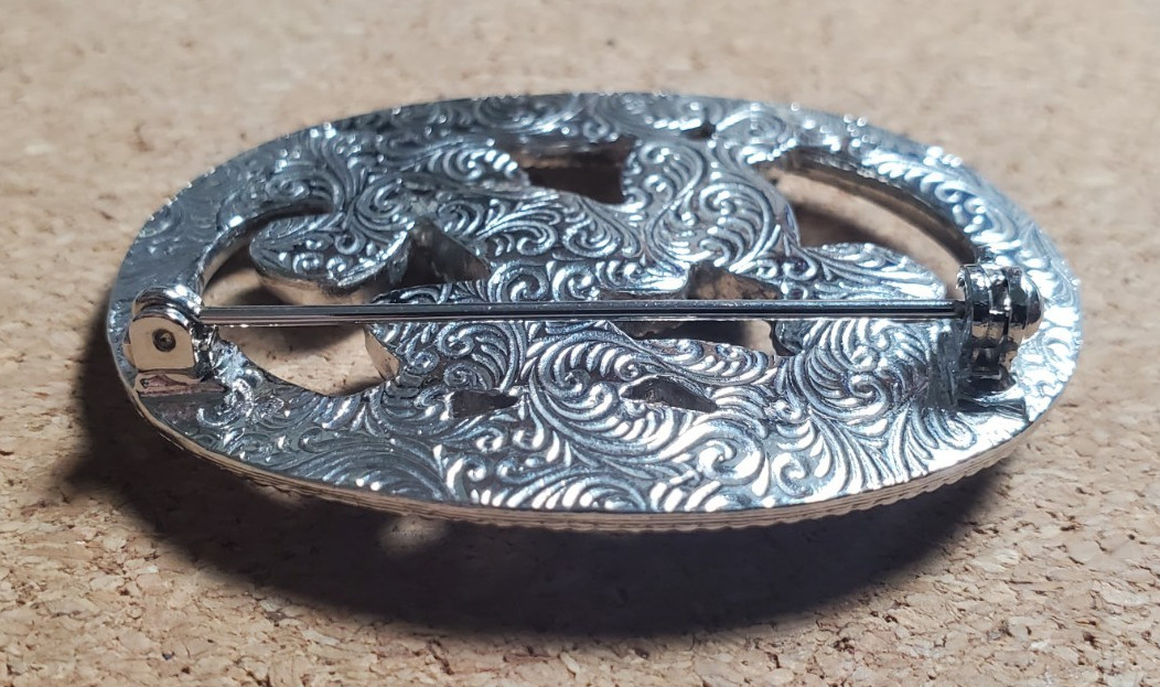 Vintage Silver tone Oval Brooch With Black & White Marquis Shaped Plastic