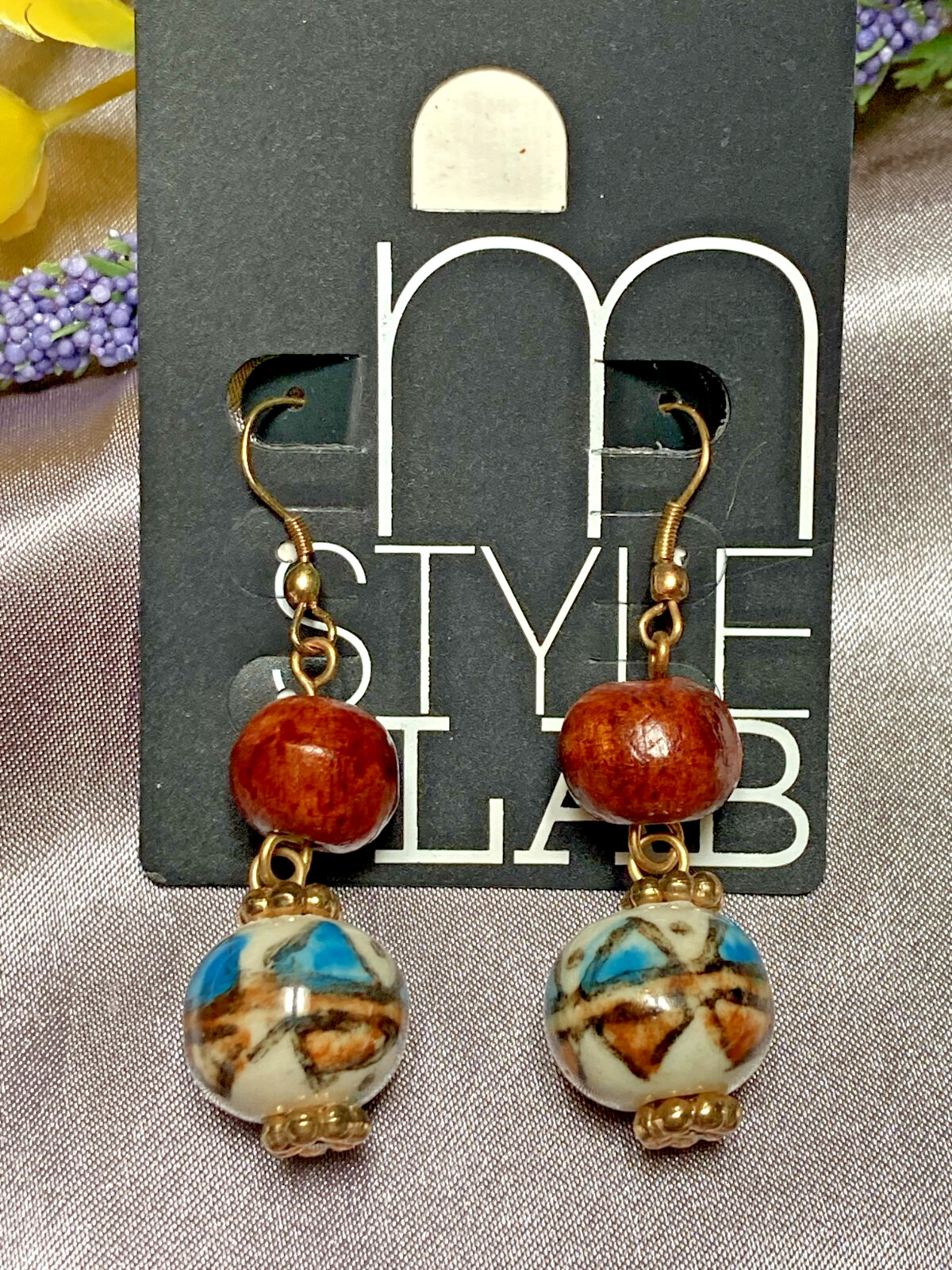 M Style Lab Vintage Fashion Hand Painted Ceramic & Wood Bead Dangle Earrings