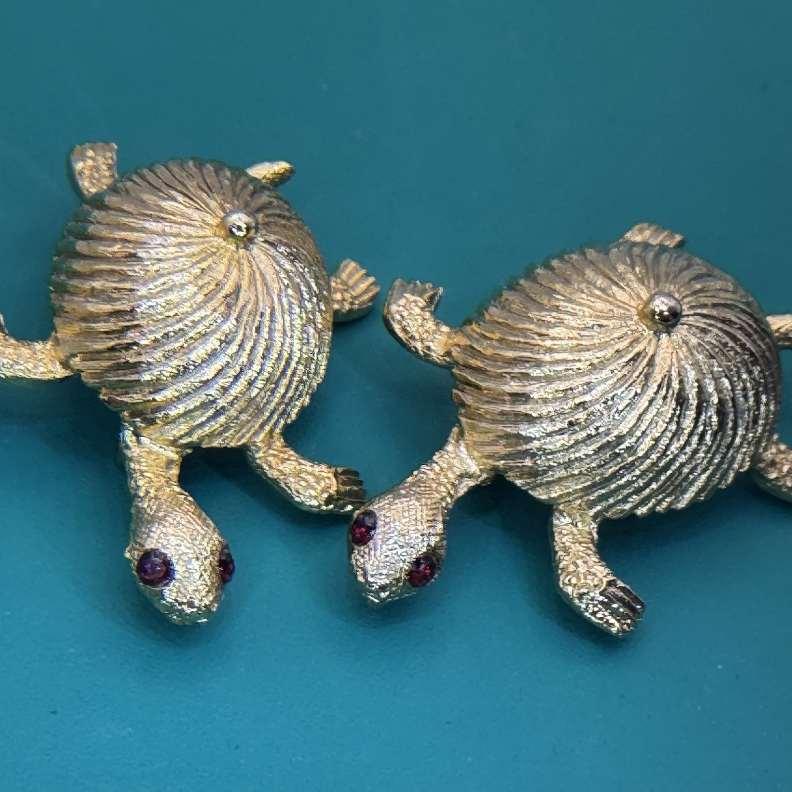 Goldtone Textured Twin Turtle Brooches Red Rhinestone Eyes