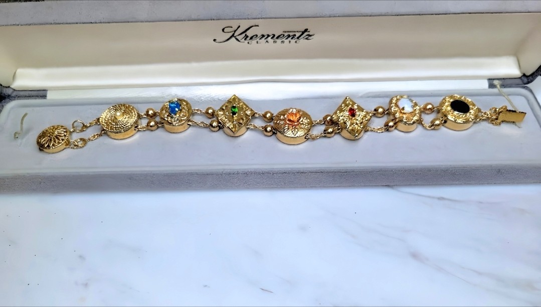 VERY RARE! Vintage Krementz Slide Bracelet 14/20 GF | 7 Decorative Slide Charms