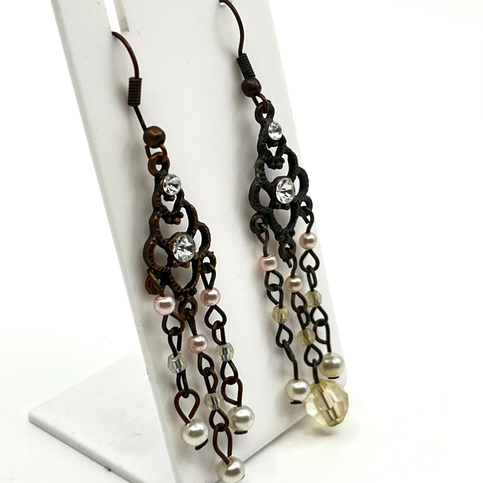 Vintage Antique Bronze Tone Chandelier Earrings Faux Pearl Rhinestone Dangle Y2K