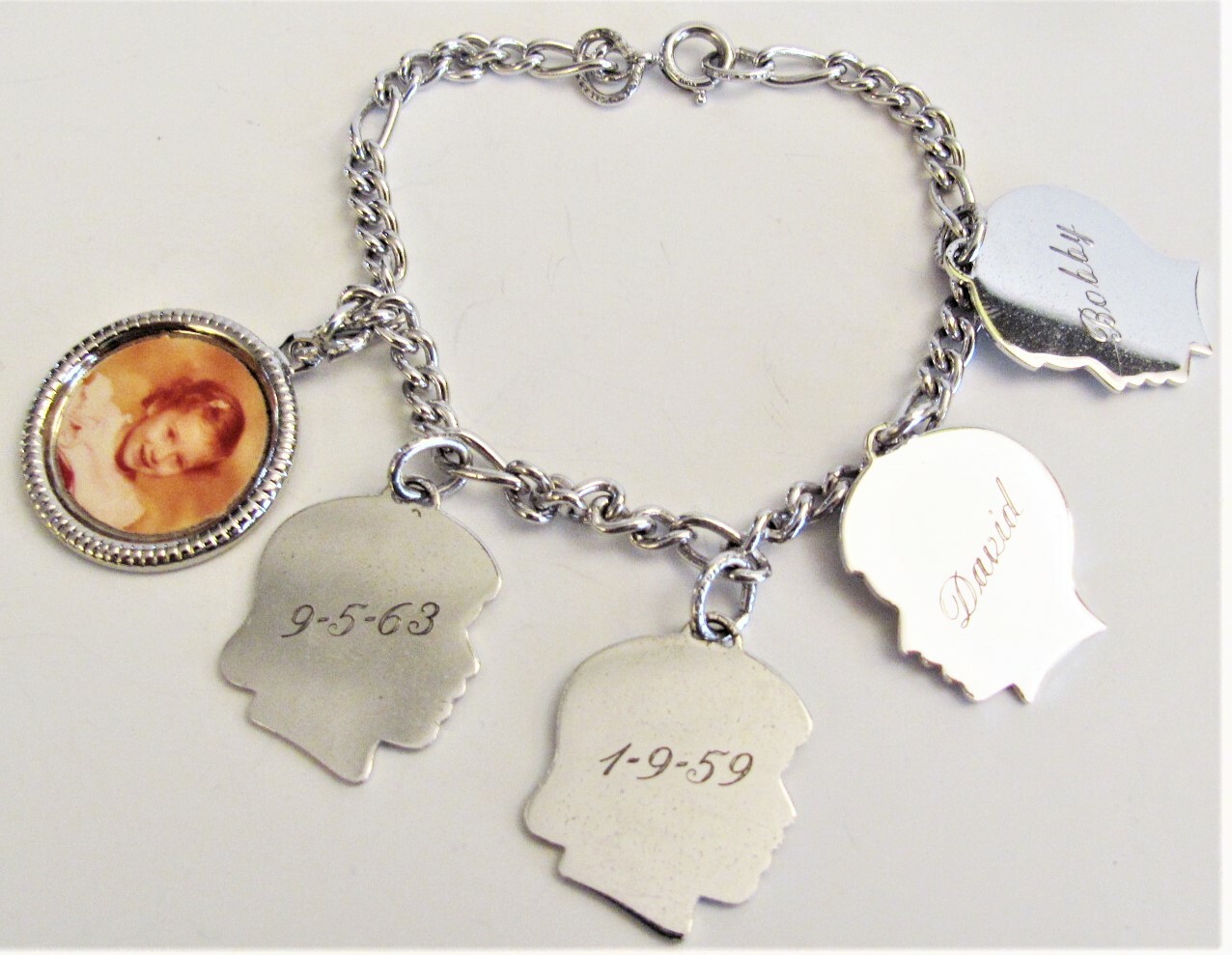 VTG Sterling 925 Silhouette Children Head Photo 5 Charm 21g Bracelet 7 1/4″ long