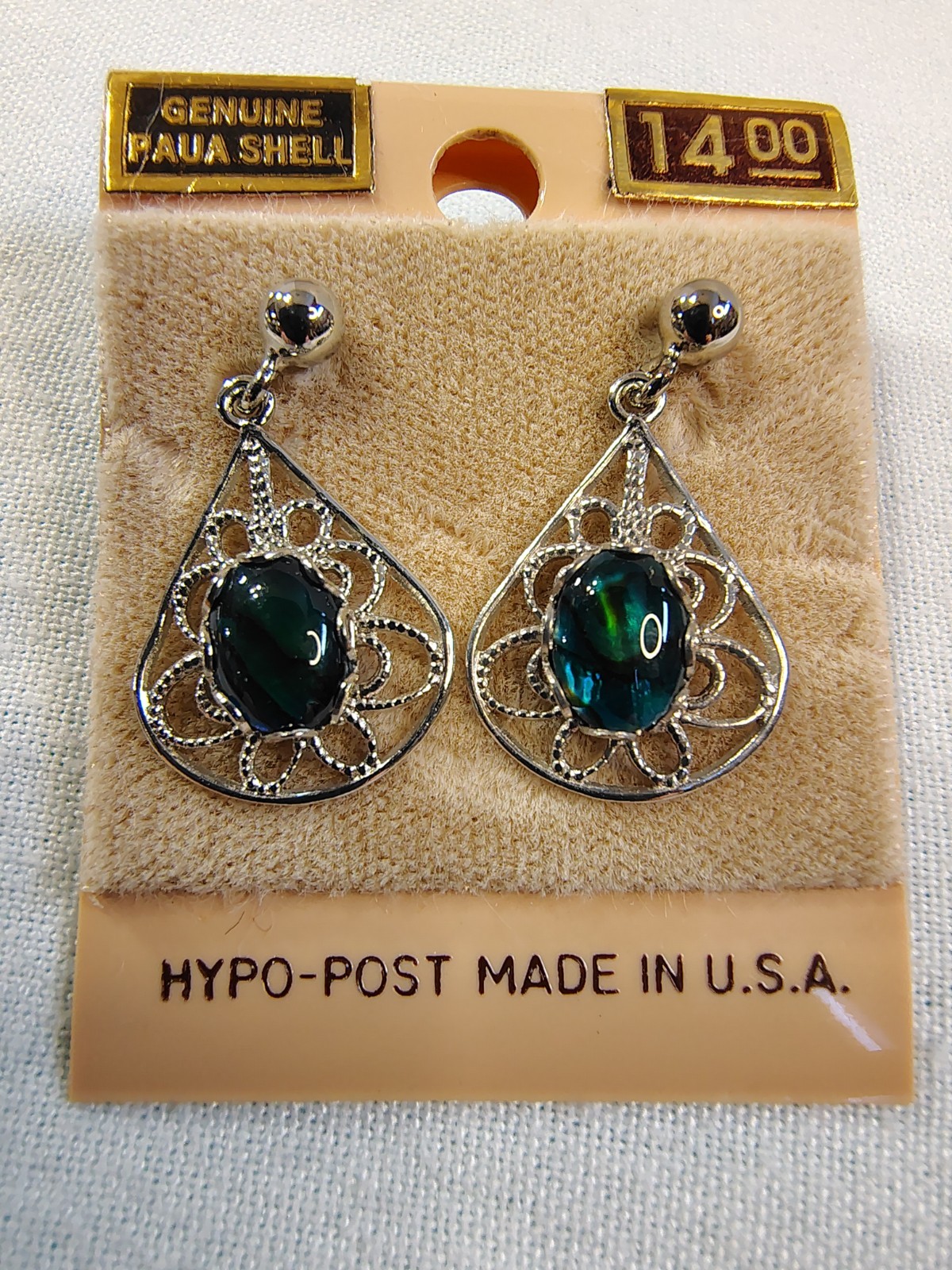 Vintage Paua Shell Silver Tone Earrings Abolone Blue Green Teardrop Filigree
