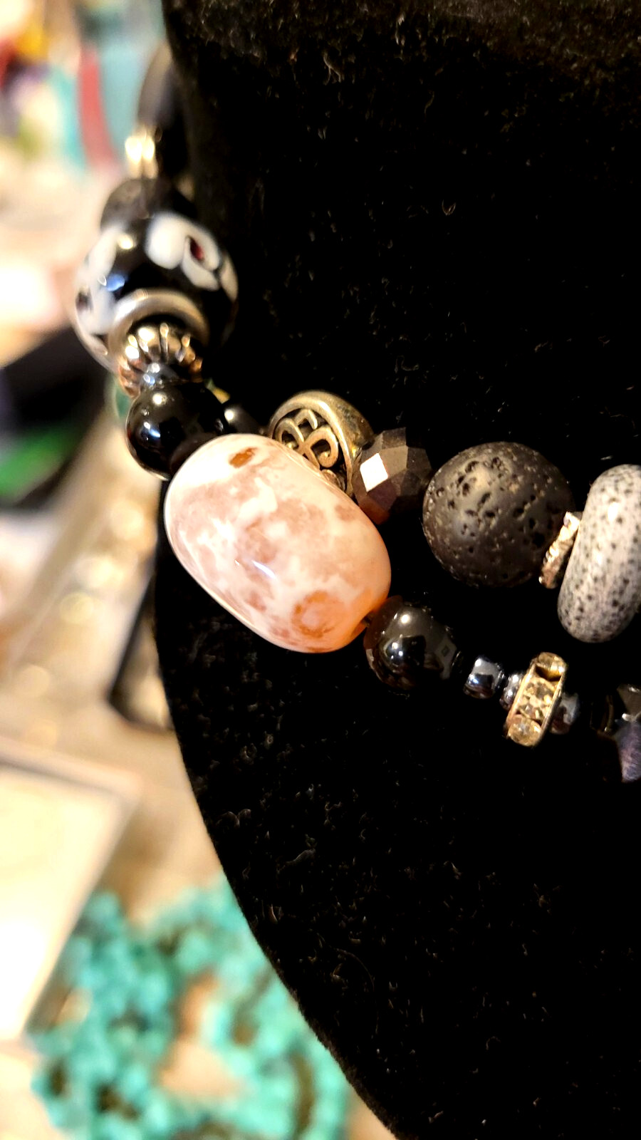 30″ necklace, rich green jadeite, black lava stone, lamp work, agate, silver.