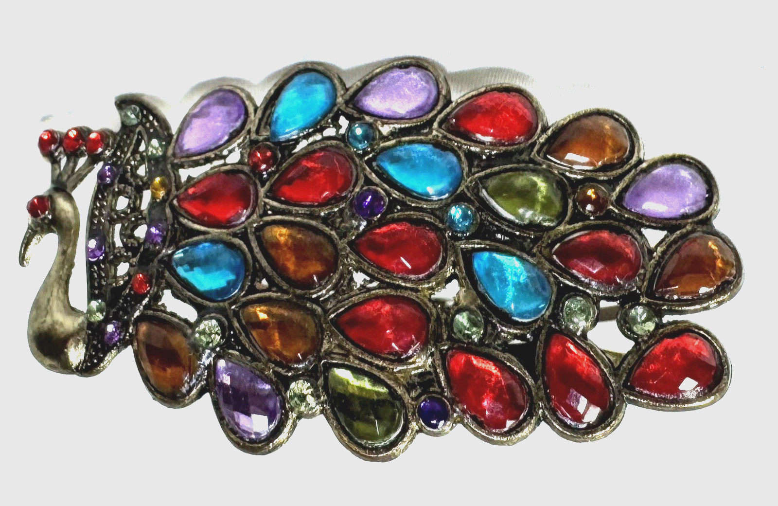 Vtg Colorful Rhinestone Peacock Cuff Bracelet Hinge Open Bird Bangle Gold Tone