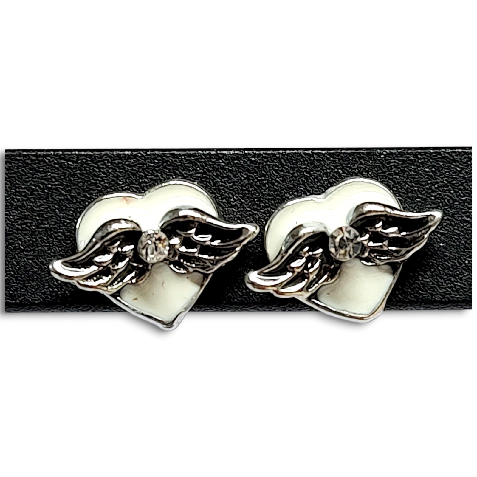 Black White Enamel Rhinestones Silver Tone Hearts Angel Wings Everyday Earrings