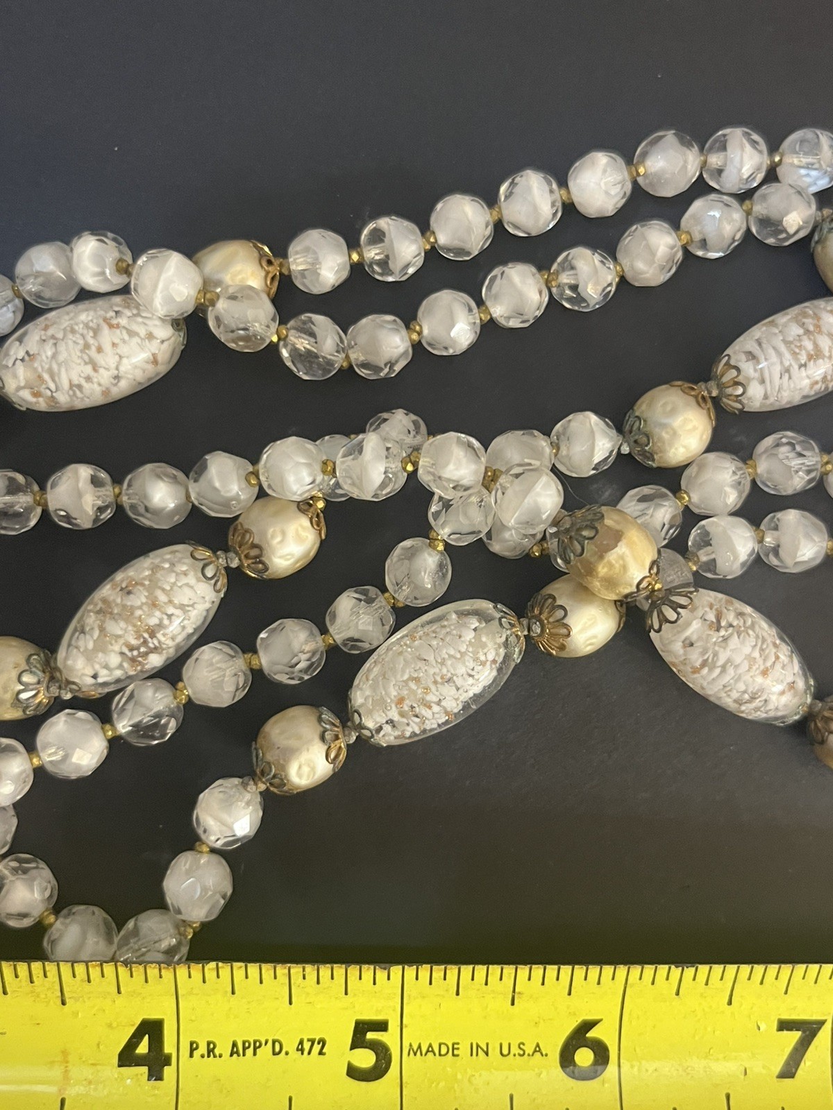 Vintage Foil Glass Necklace Murano Multistrand White Beaded Estate Jewelry Rare