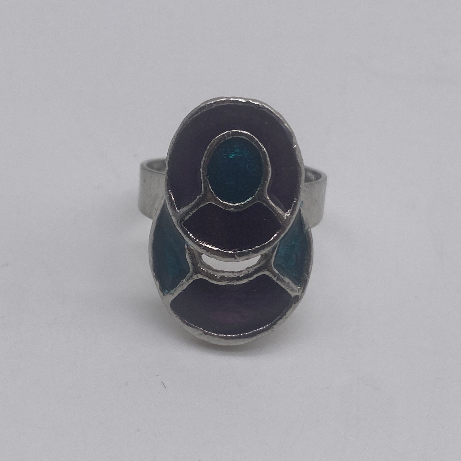 Silver Tone Purple Blue Enamel Ring Size 7