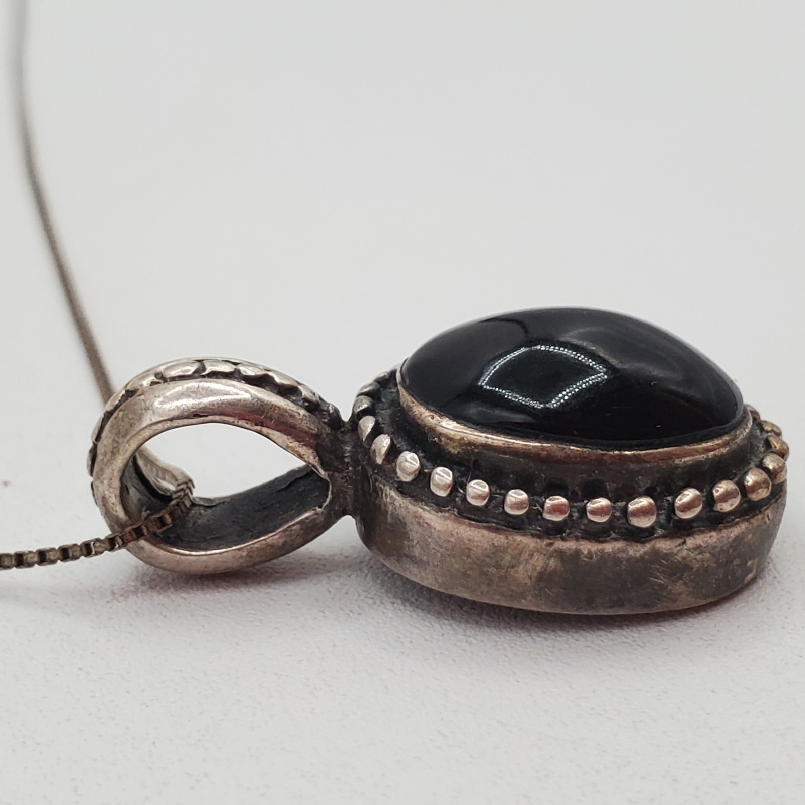 MEX 925 ATI Black Onyx Necklace 23in Sterling Silver 9gtw Box Chain VTG Estate