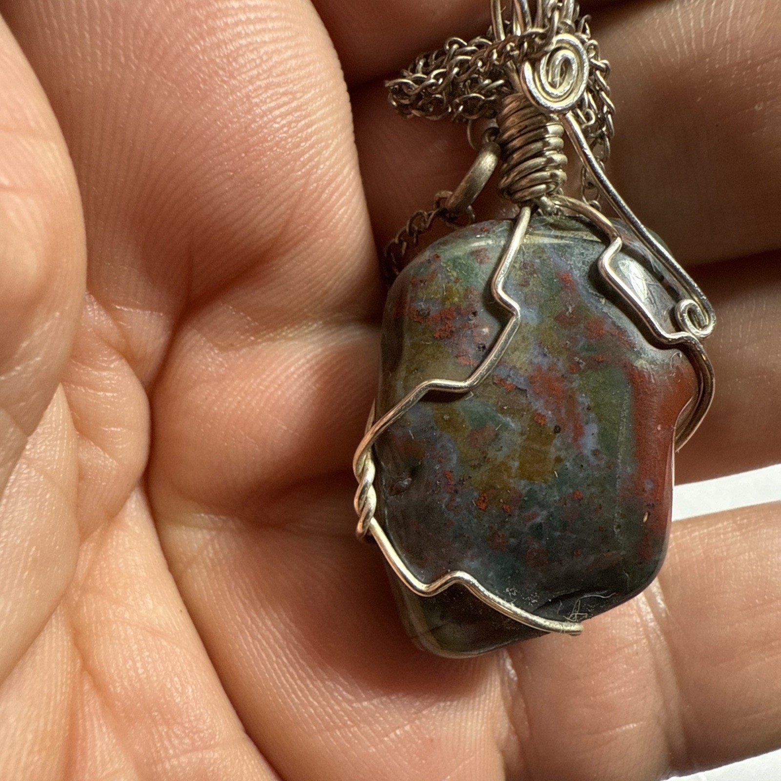 Necklace Bloodstone Big 25ct Solitaire Vintage Sterling Silver 18” Chain