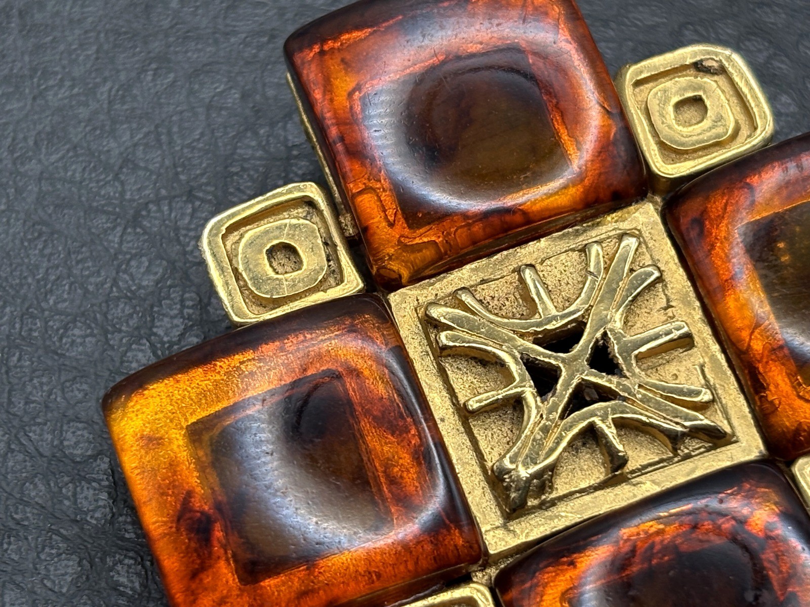 Vintage HUGE 80s Gold Tone Faux Amber Maltese Cross Brooch Pin Statement Piece