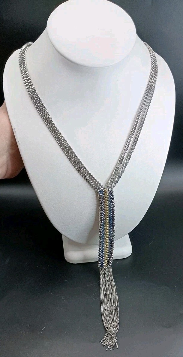 Stella & Dot Long Tassel Necklace Rhinestone Fringe Silver Tone 35″