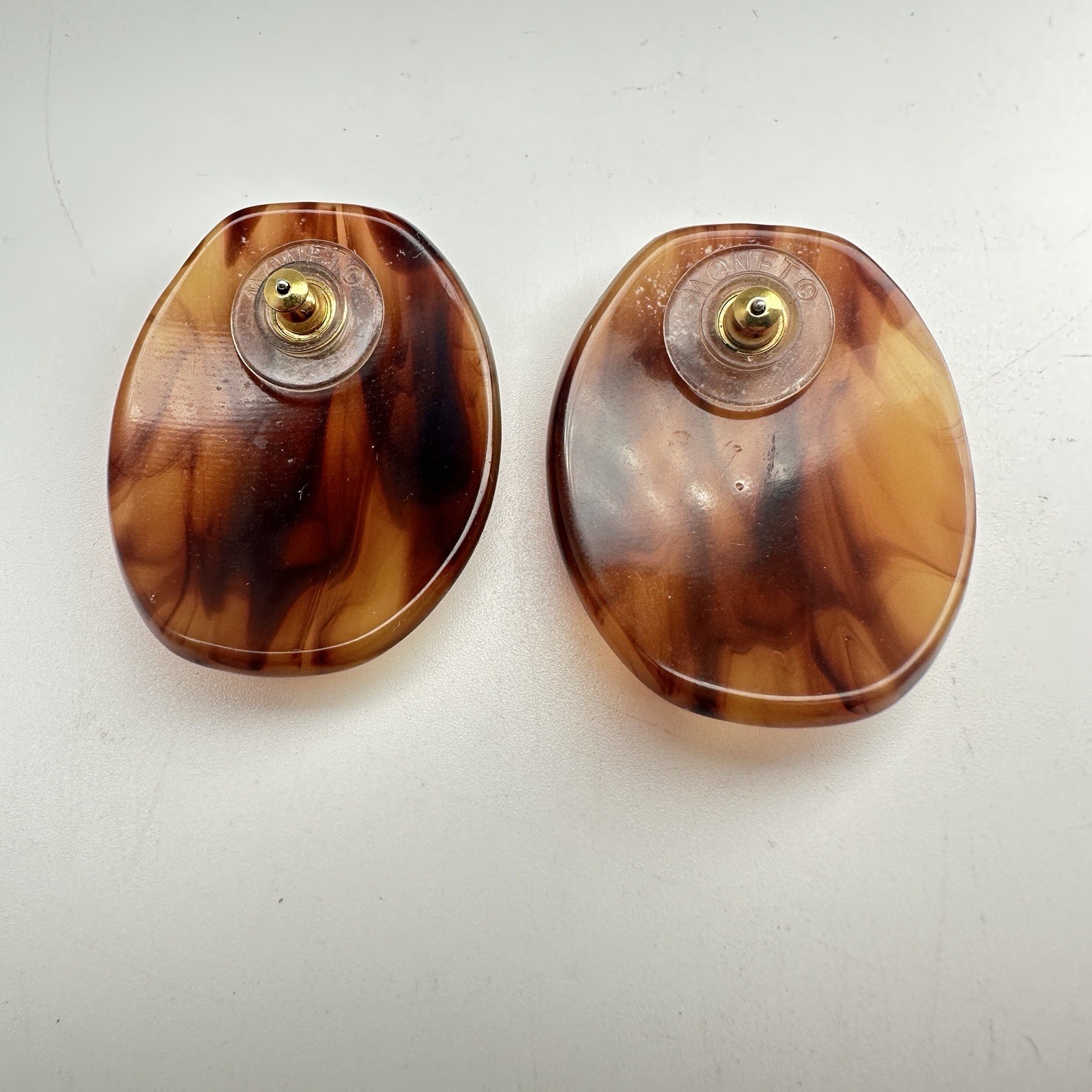 Monet Tortoise Shell Acrylic Stud Earrings Vintage Style Logo Signed