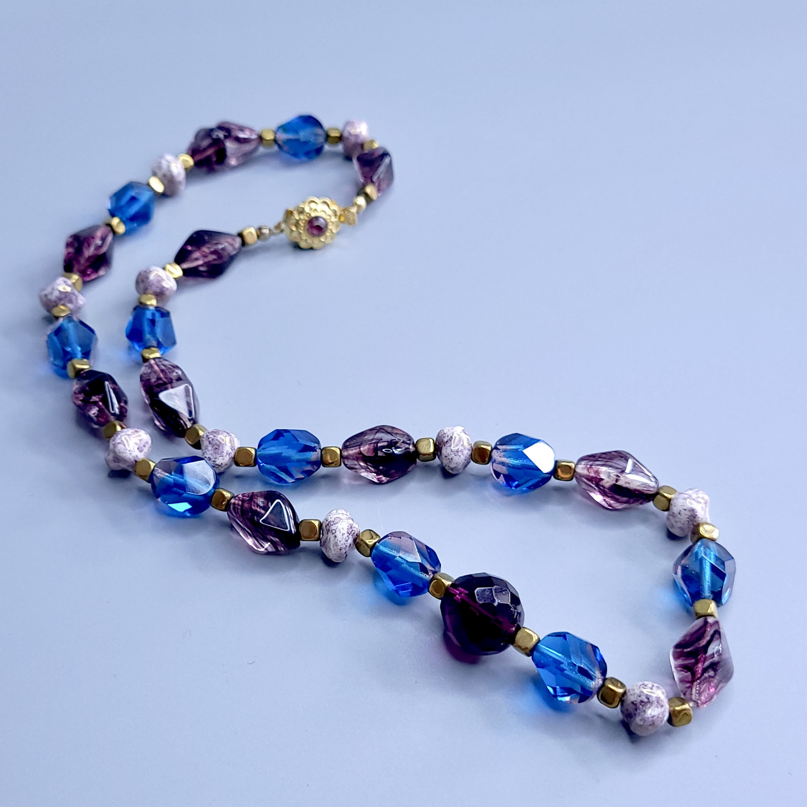 Necklace 20” Blue and Purple Glass Czech Vintage Beads Women`s Jewelry