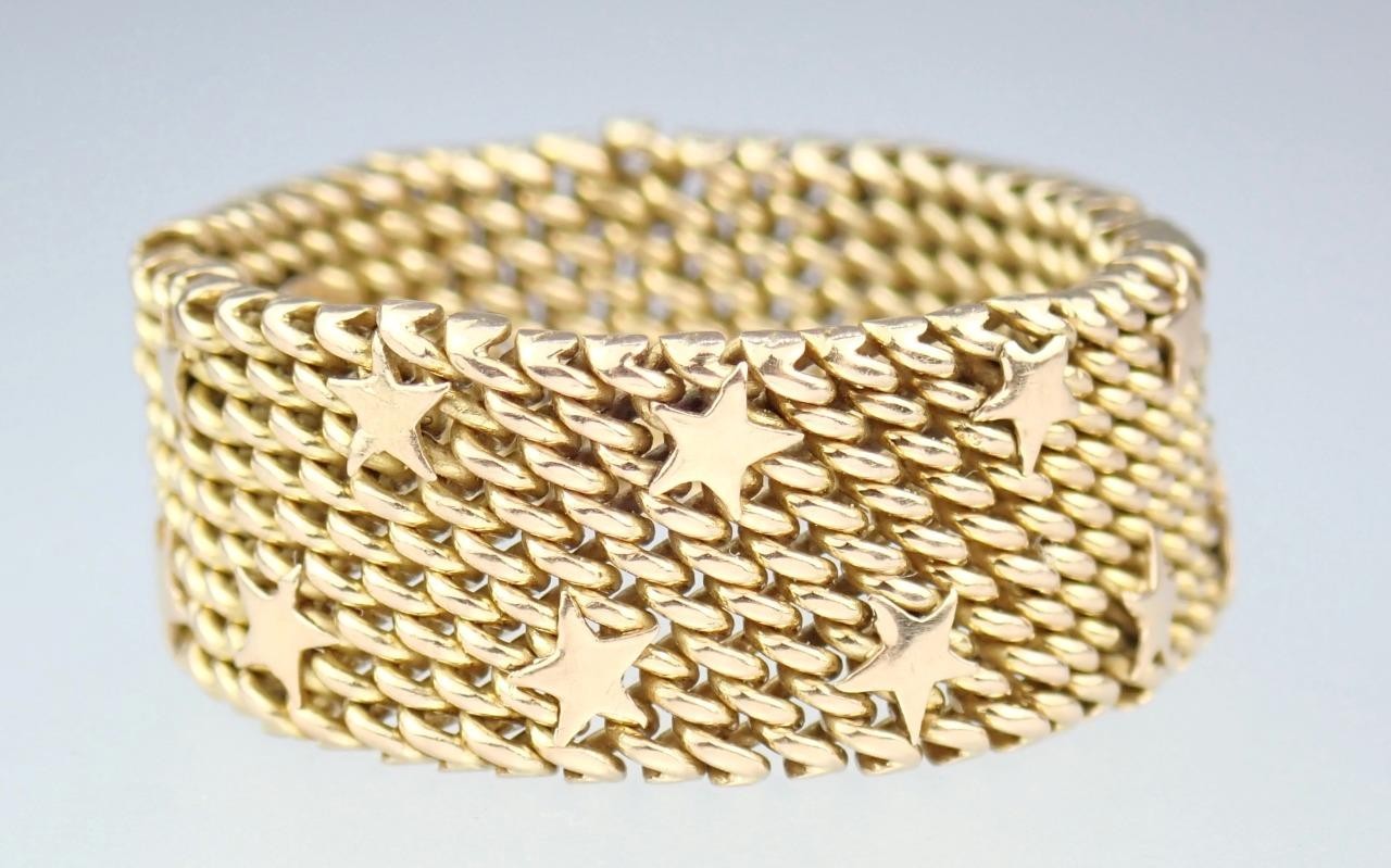 Fine Vintage Italian Solid 18K Gold Floating Stars Celestial Woven Mesh Ring 11