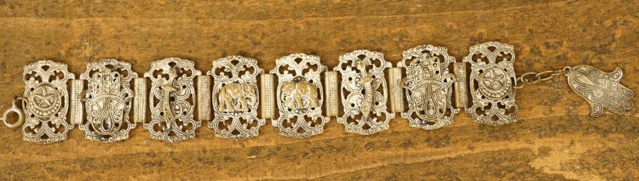 Vintage Souvenir Bracelet Morocco Hamsa Hand Elephant Link Nickel Plated Brass
