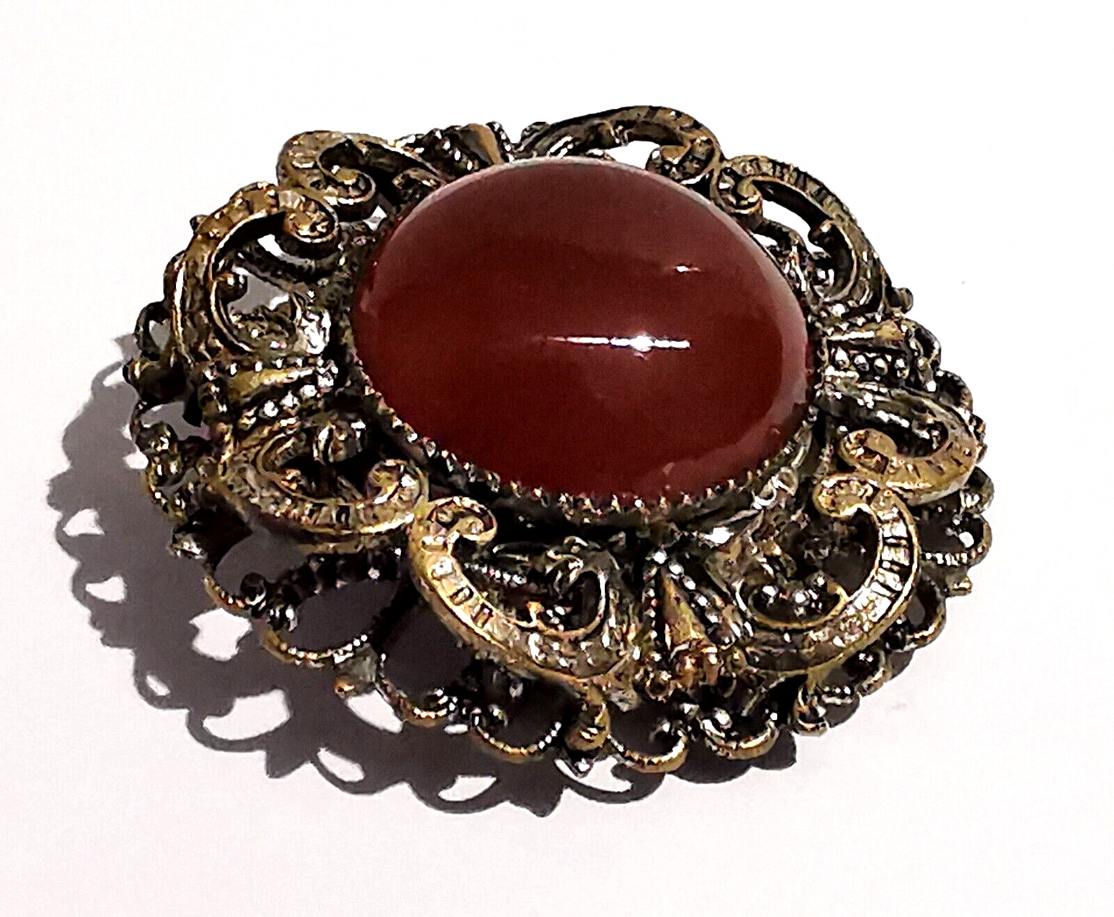 Vintage Czech Brown Glass Brooch Pin Silvered Brass Ornaments Dragon Handmade