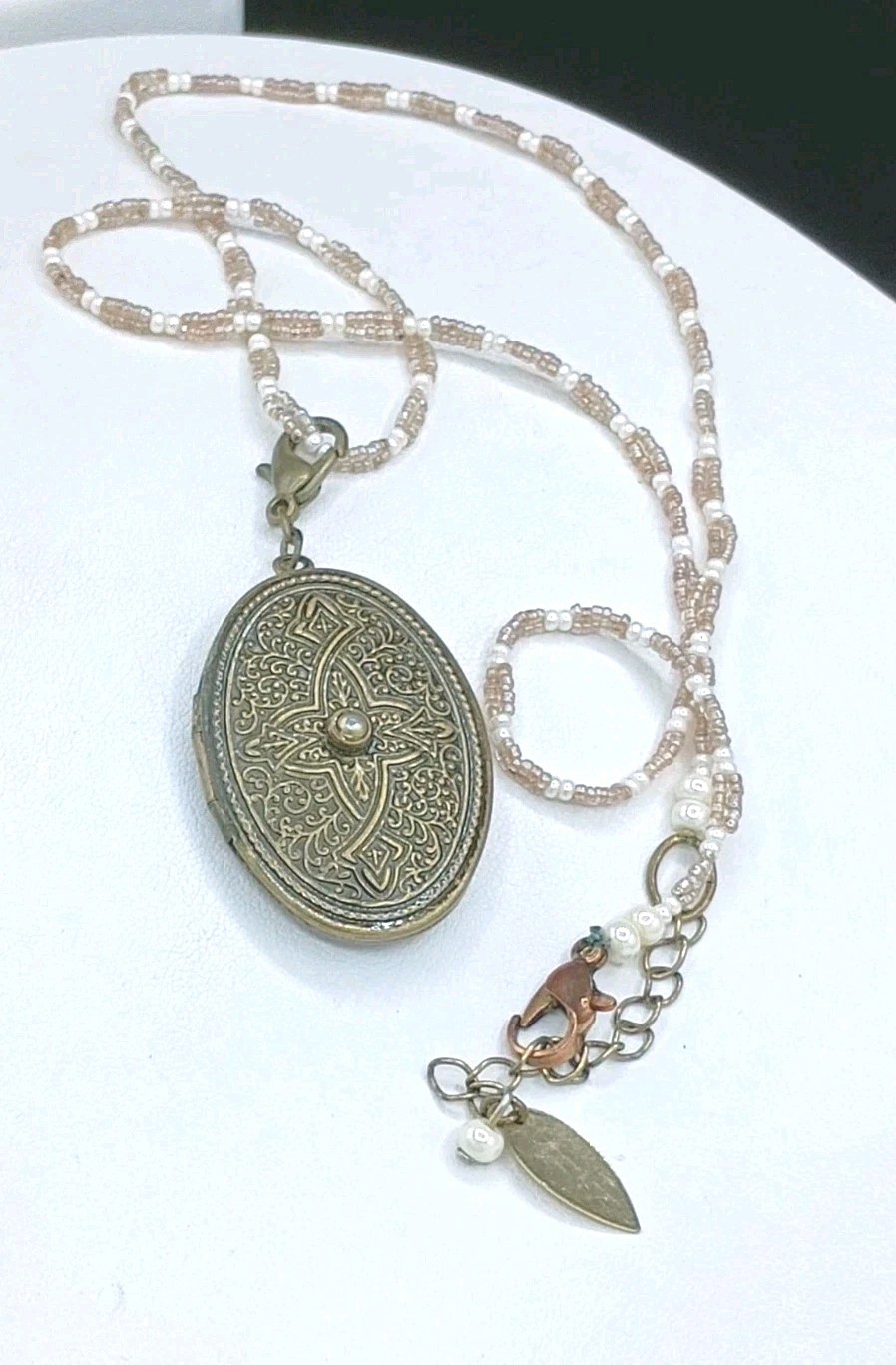 Vintage Coldwater Creek Celtic Cross Locket Necklace Seed Bead Faux Pearl