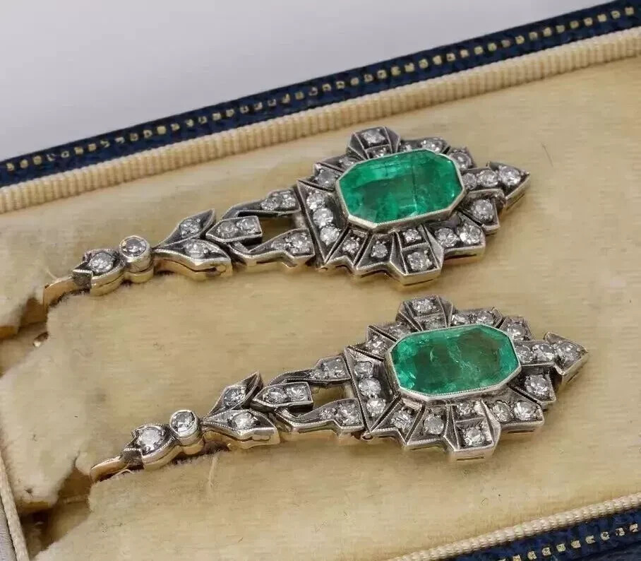 Art Deco Vintage Wedding Earrings 2.7 Ct Simulated Emerald 14K White Gold Over