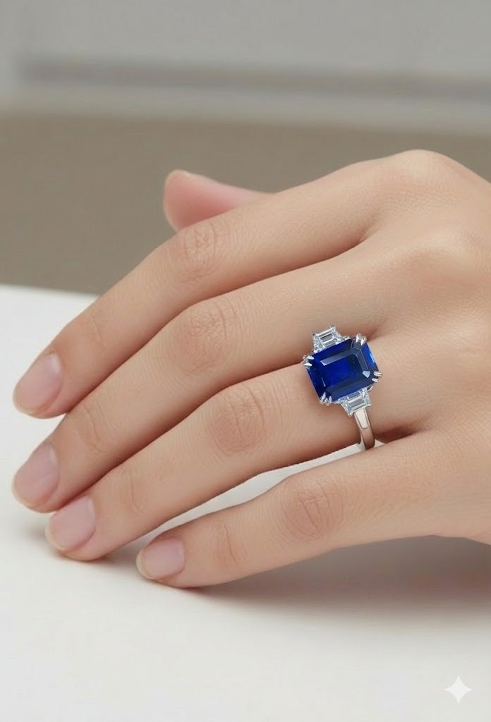 Vintage 14k White Gold Engagement Ring 5.52CT. Blue Sapphire Emerald Shape