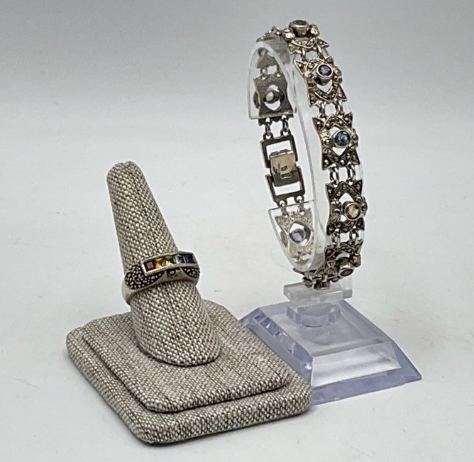 925Sterling Silver Multigemstone Marcasite Vintage Tennis Bracelet And Ring Set