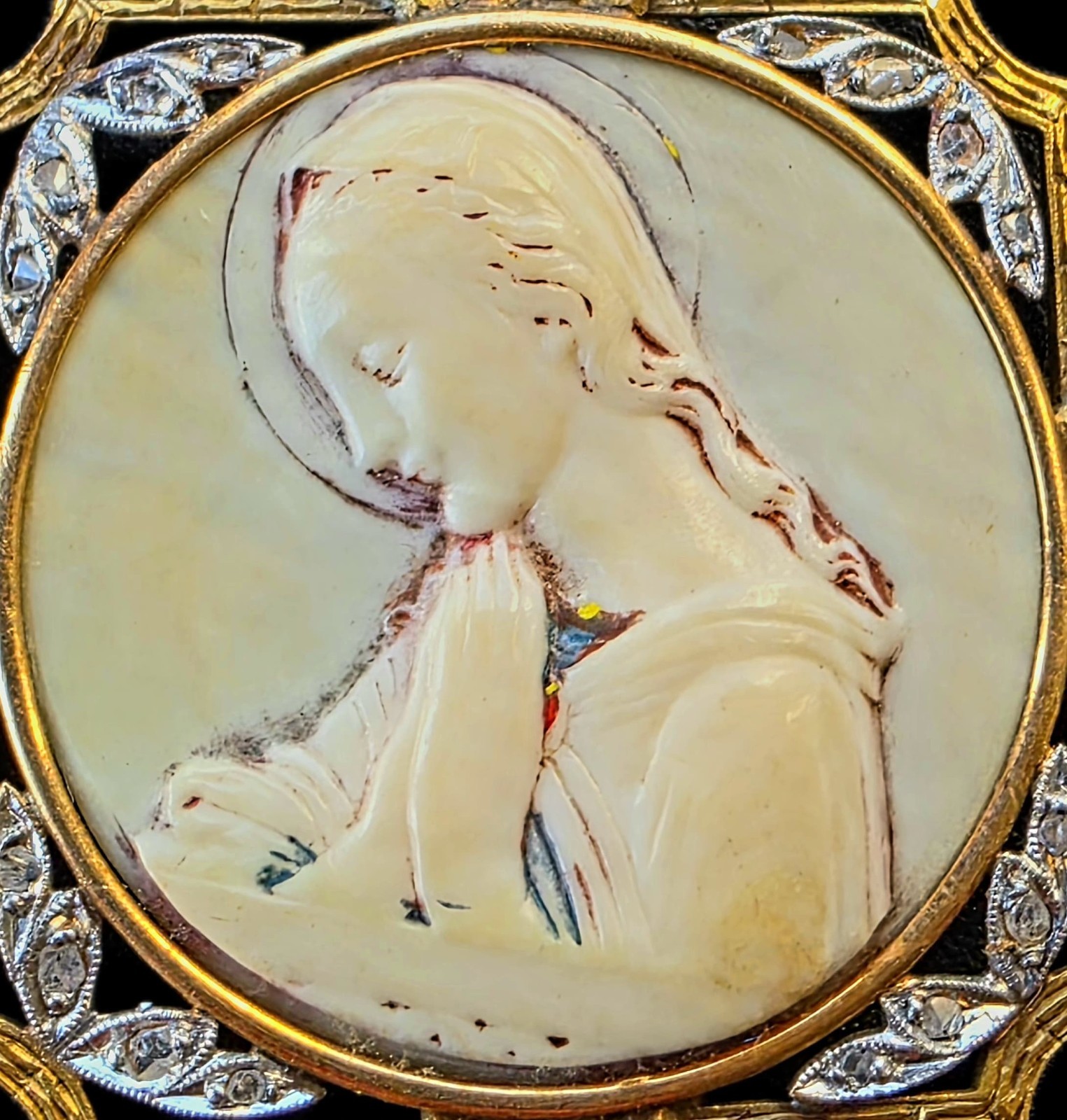 Antique Virgin Mary Medal Pendant 18k Gold Rose Cut Diamonds Catholic Art Deco