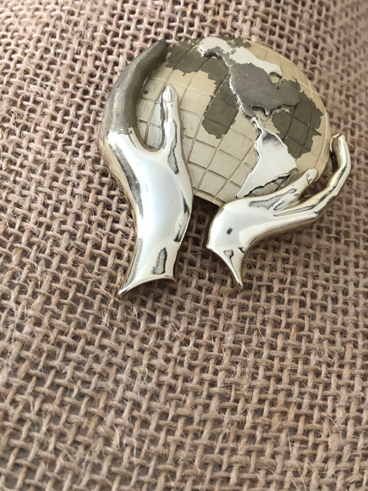 Earth In Hands Gold Tone Brooch ~ Pin Vintage 1980’s – 1990’s