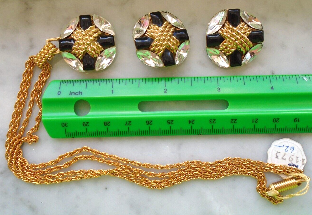 Signed Orena Paris Gold Ton Earring Necklace Set Vintage Marquise Crystal France