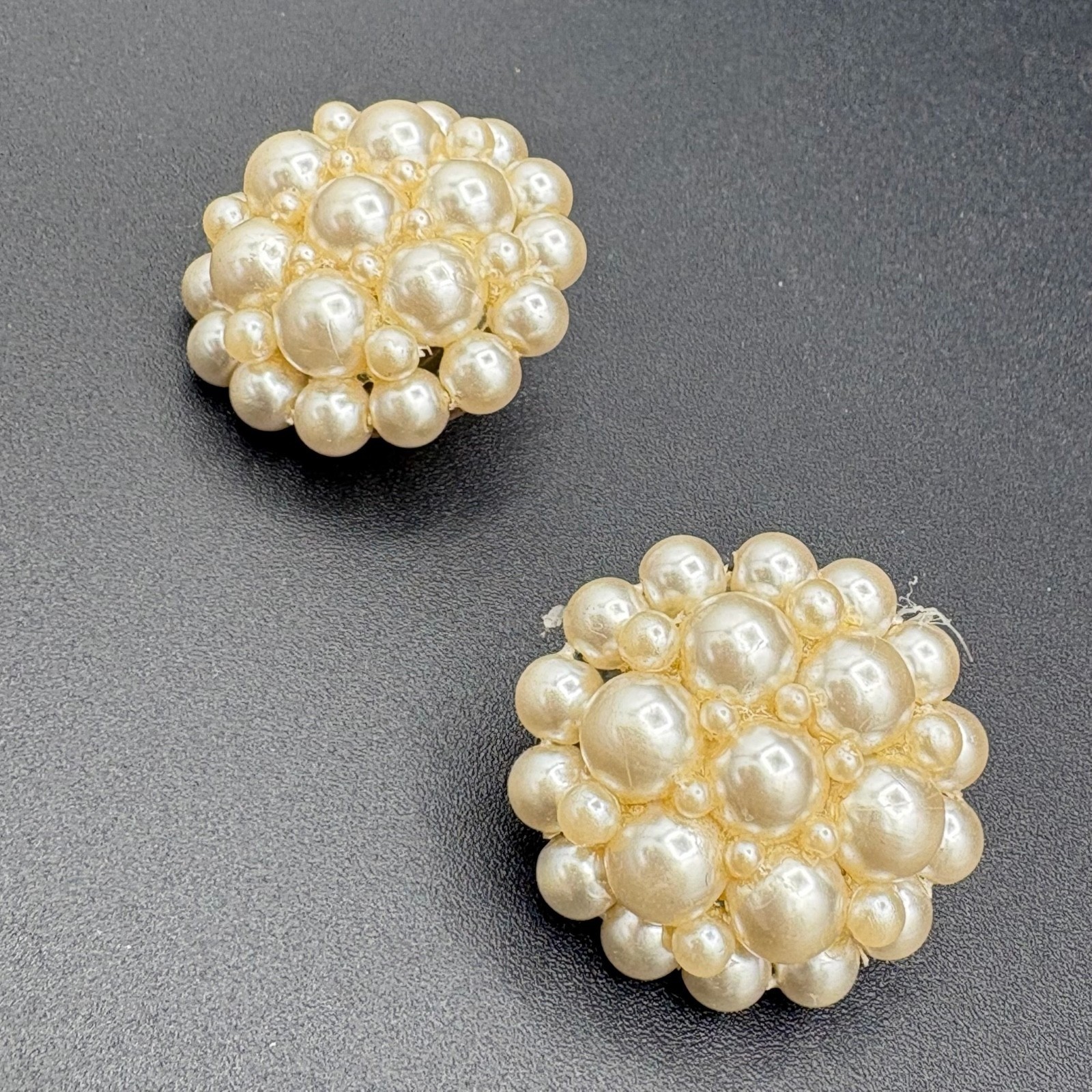 Vintage Faux Pearl Cluster Round Domed Clip On Earrings Beaded Jewelry Chunky