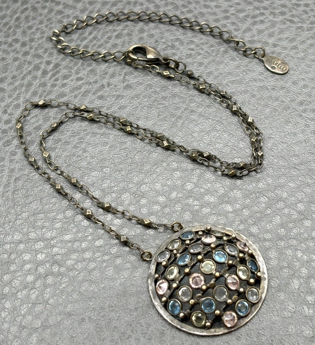 VTG Signed Sorrelli Necklace Gunmetal Silver Pink Blue Green Crystal Pendant