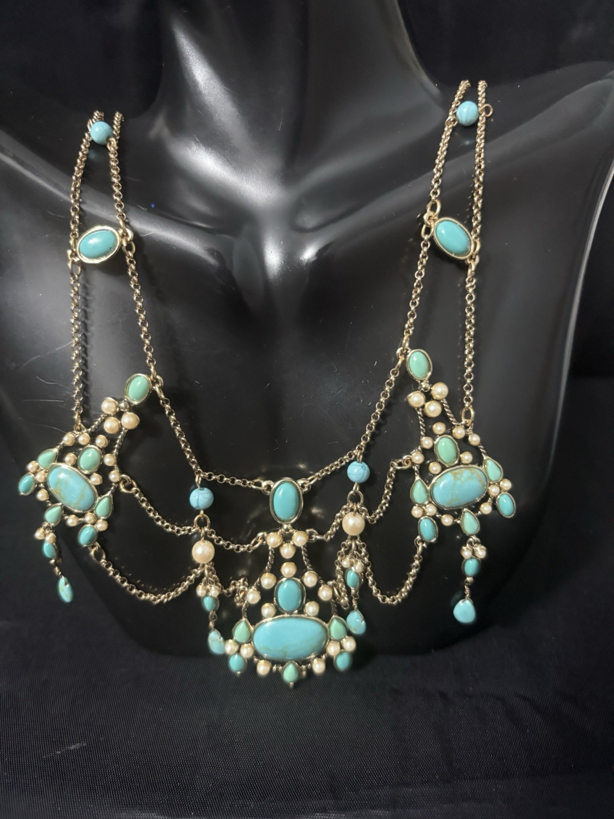 Monet Festoon Necklace Gold Tone, Faux Pearl Victorian Revival Design 15”