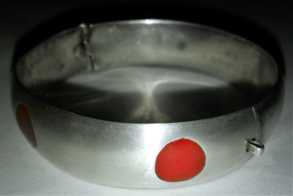 Vintage Mexican Silver Bracelet Taxco Red Polka Dot Bangle Frida Style Era Antiq