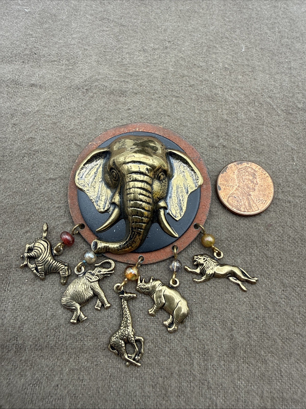 Vintage Safari Pin Gold Tone Dangle Animal Charms Brooch Pin
