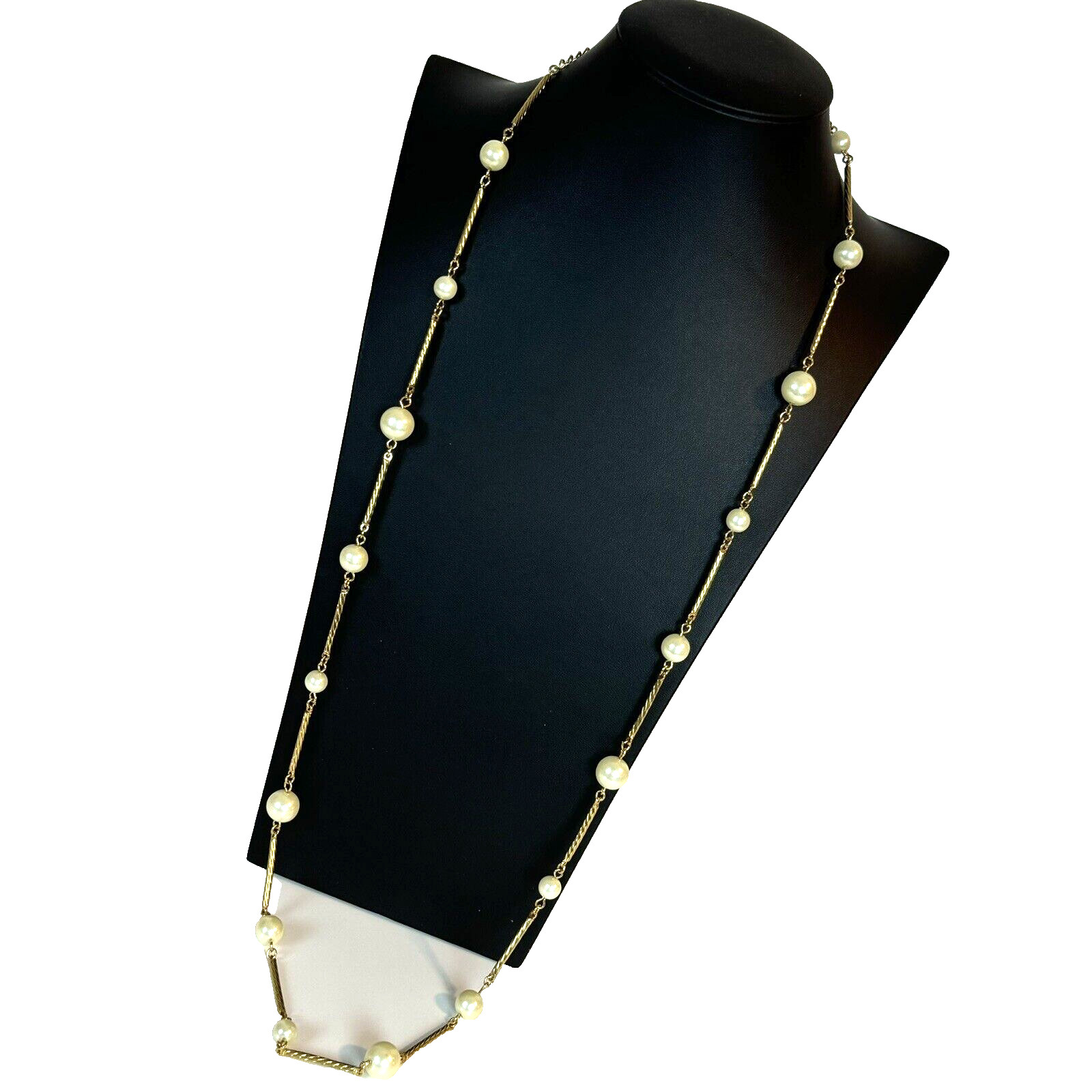 Vintage Avon Station Necklace Faux Pearls Twisted Bar Link Gold Tone Long