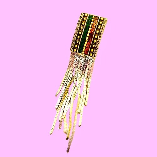 Vintage Turkish Metal Earrings Chain Fringe Dangle Tri-color CLIP-ON