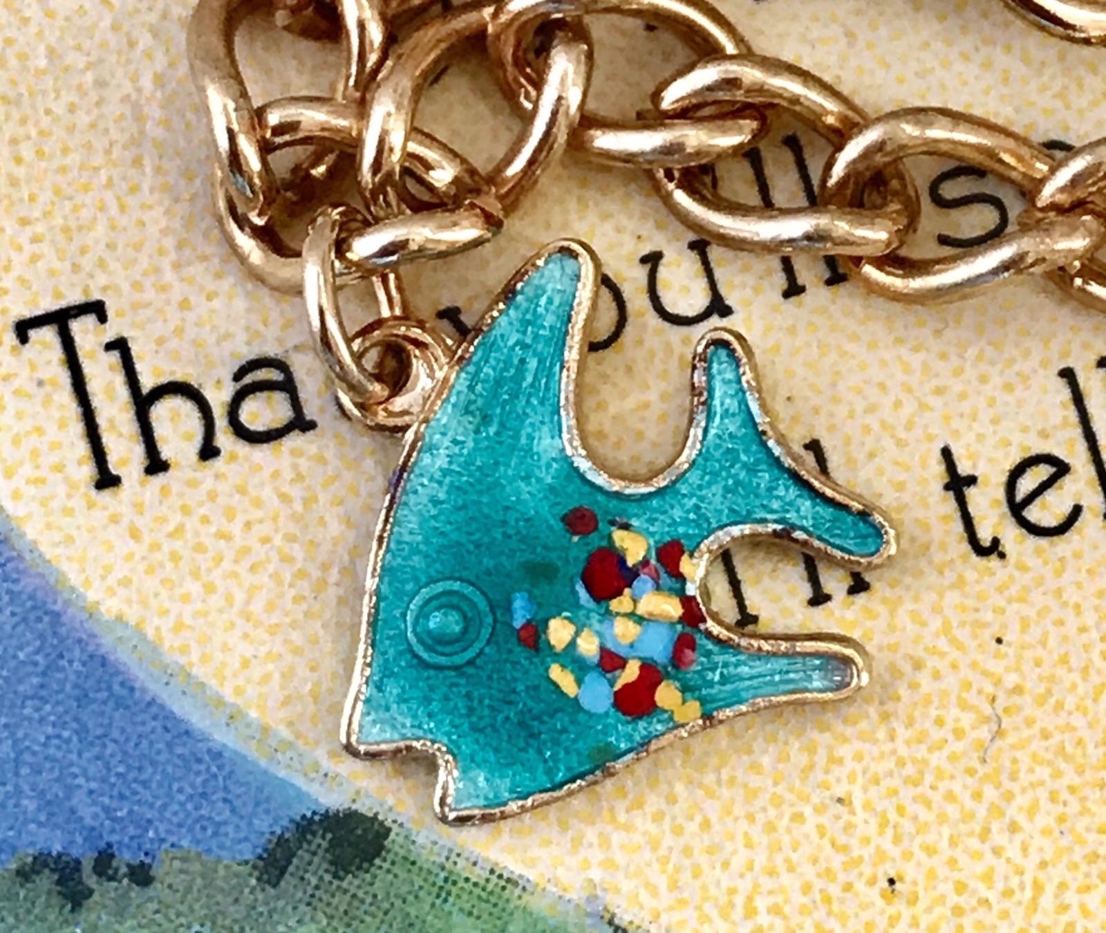 Vintage Sarah Coventry Signed Bracelet Guilloche Enamel fish Charm Nautical #G24